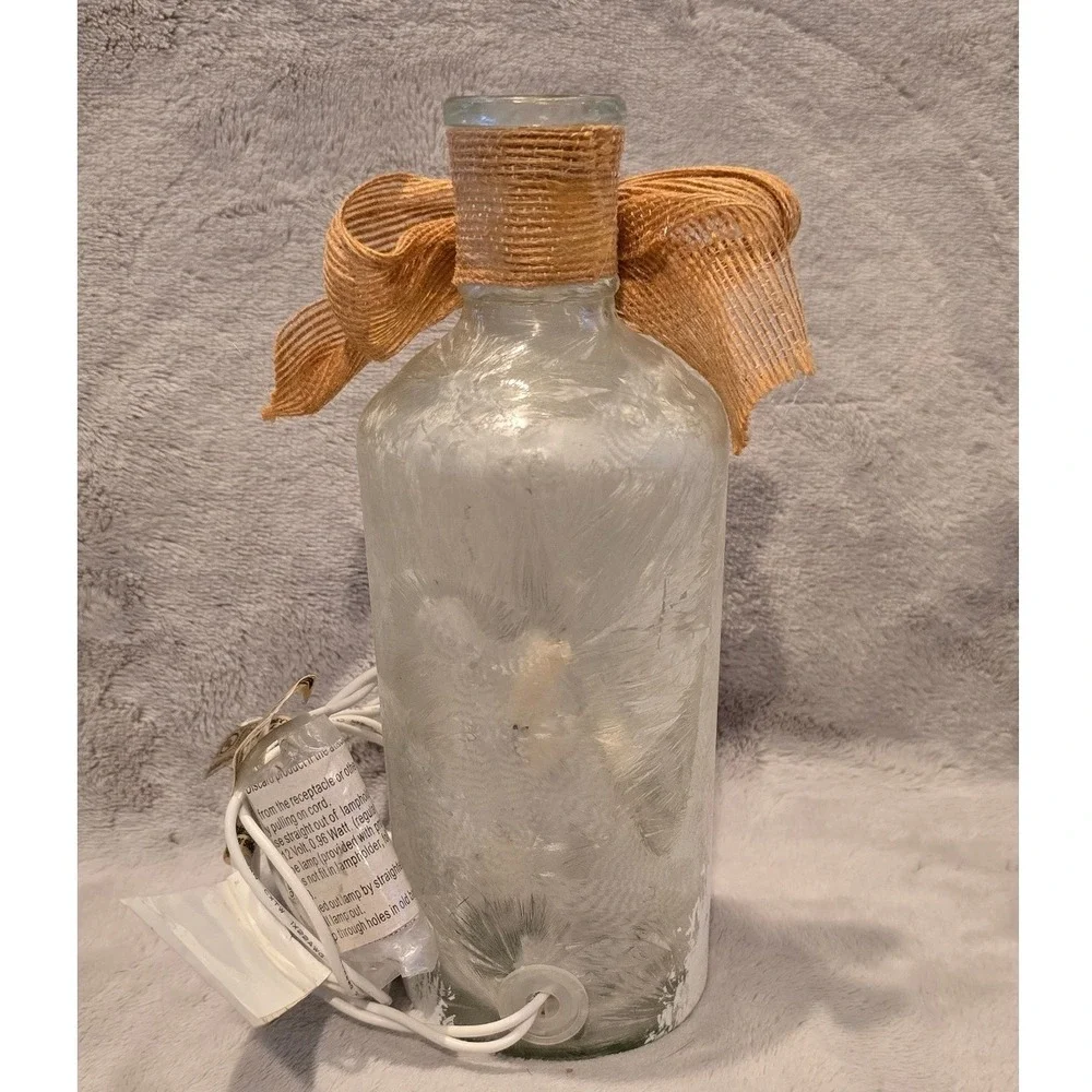 Frosted Glass Bottle Light Winter Birdhouse Birch Tree Scene Burlap Decor 7.75